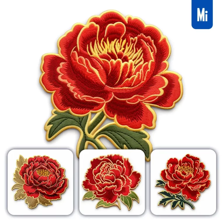 midjourney prompt red peony flower flat embroidery fabric gradient
