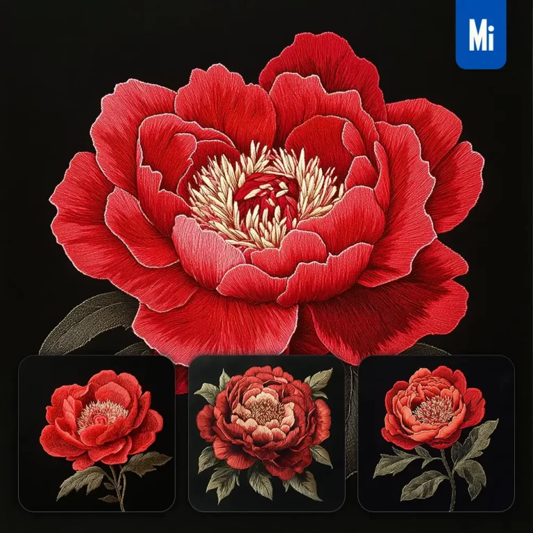midjourney prompt red peony flower petals Chinese silk artistry embroidery pattern