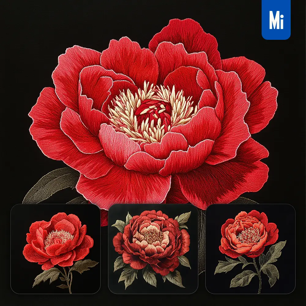 midjourney prompt red peony flower petals Chinese silk artistry embroidery pattern