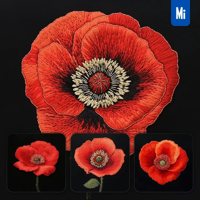 midjourney prompt red poppy flower petals Chinese silk artistry embroidery pattern
