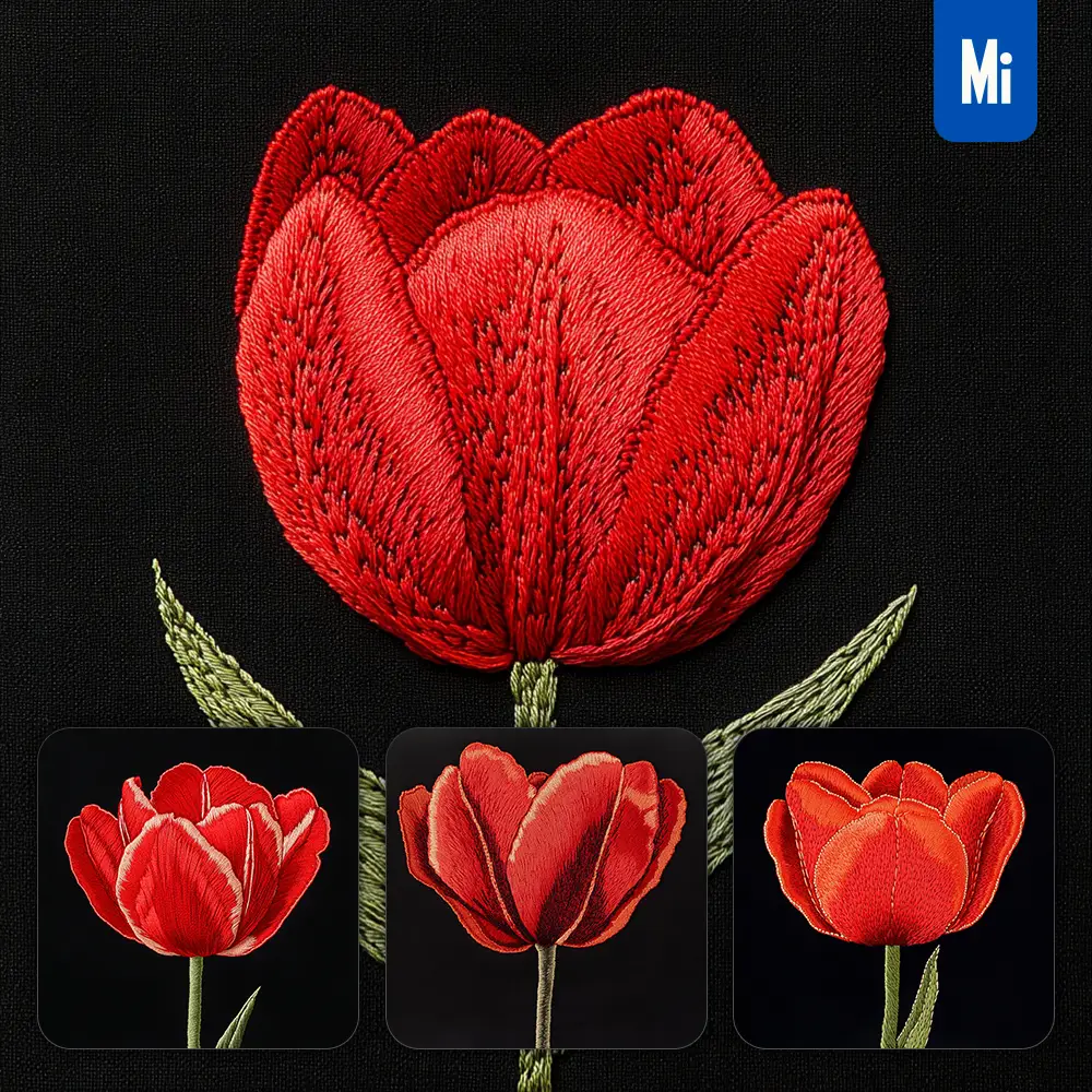 midjourney prompt red tulip flower petals Chinese silk artistry embroidery pattern