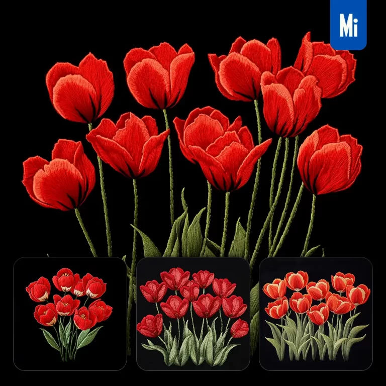 midjourney prompt red tulips group flower petals Chinese silk artistry embroidery pattern