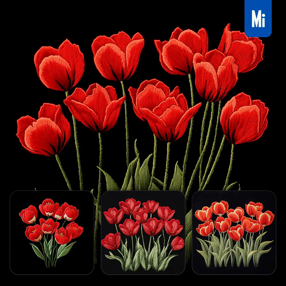midjourney prompt red tulips group flower petals Chinese silk artistry embroidery pattern