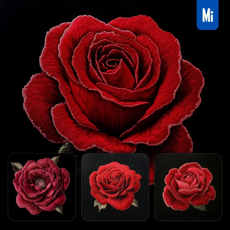 midjourney prompt rose flower petals Chinese silk artistry embroidery pattern