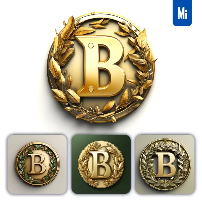 midjourney prompt round badge letter B logo 3D rendering gold golden metal