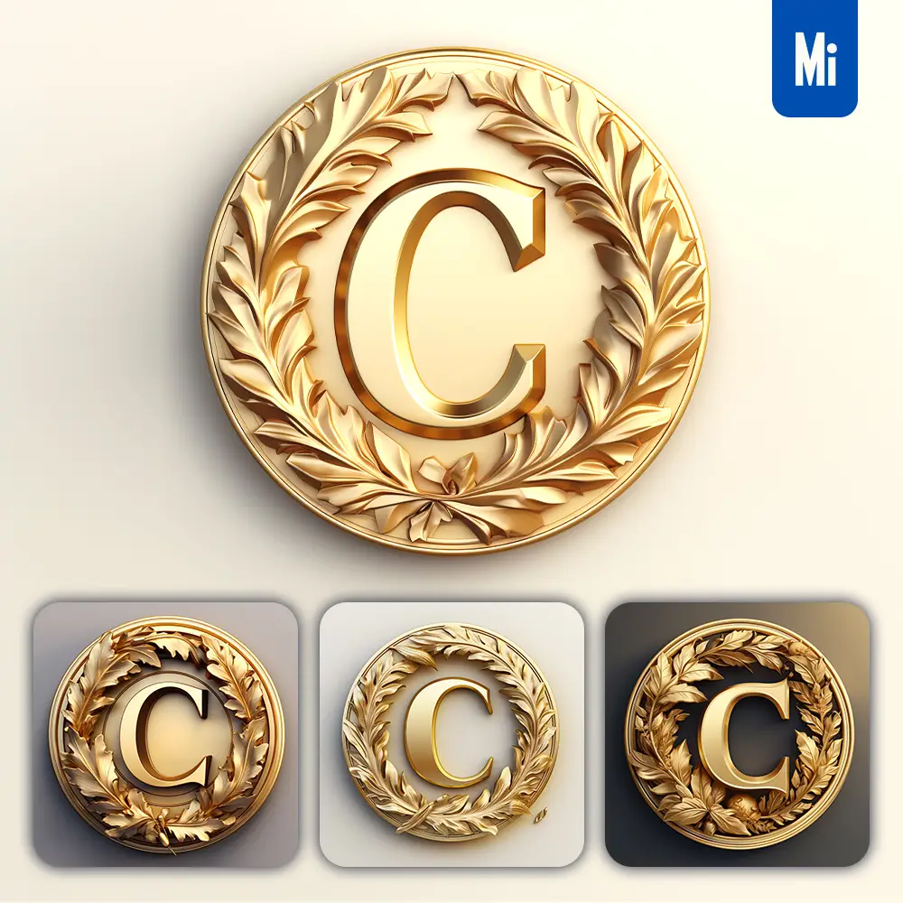 midjourney prompt round badge letter C logo 3D rendering gold golden metal