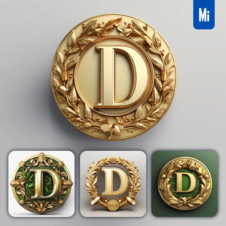 midjourney prompt round badge letter D logo 3D rendering gold golden metal