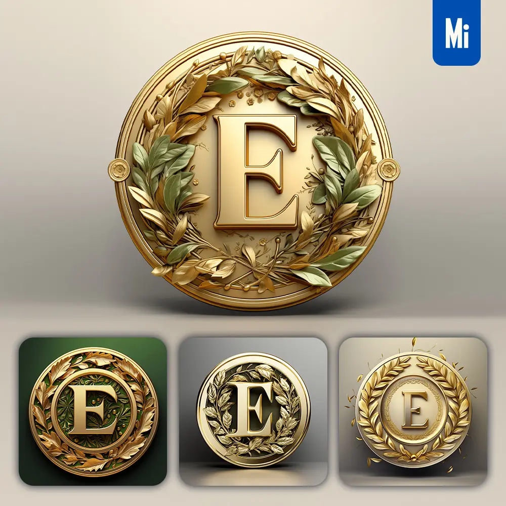 midjourney prompt round badge letter E logo 3D rendering gold golden metal