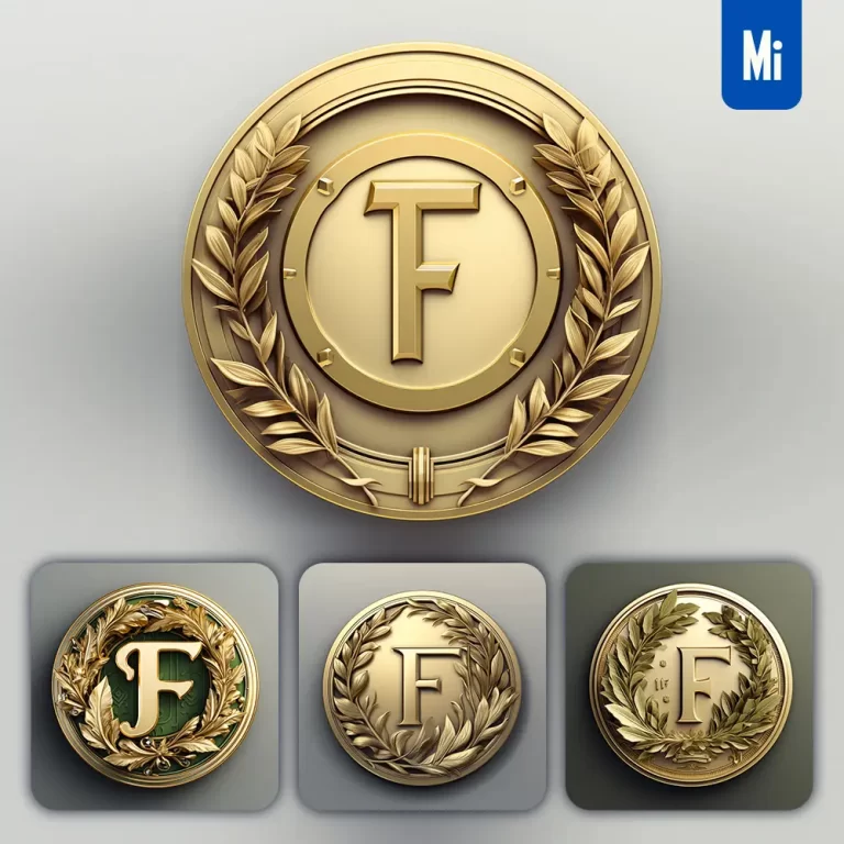 midjourney prompt round badge letter F logo 3D rendering gold golden metal