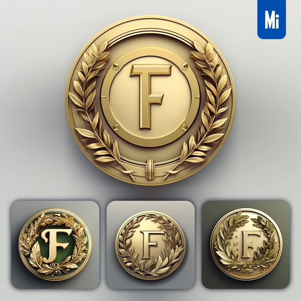 midjourney prompt round badge letter F logo 3D rendering gold golden metal