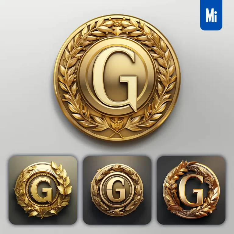 midjourney prompt round badge letter G logo 3D rendering gold golden metal