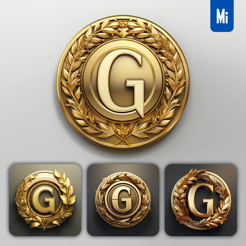 midjourney prompt round badge letter G logo 3D rendering gold golden metal