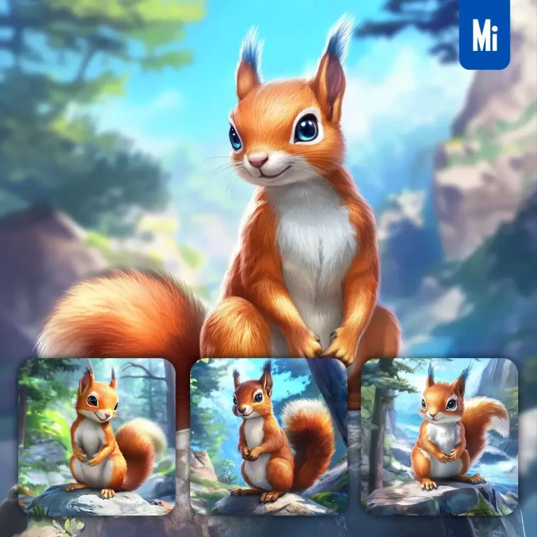midjourney prompt squirrel animation cute stone wooded mountain sitting rock sky painting