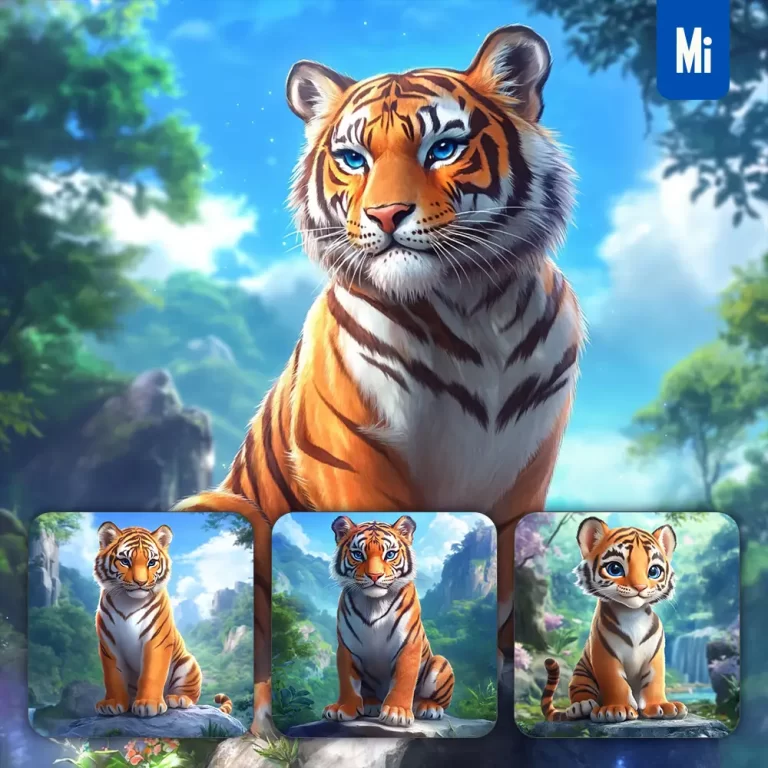 midjourney prompt tiger animation cute stone wooded mountain sitting rock sky painting