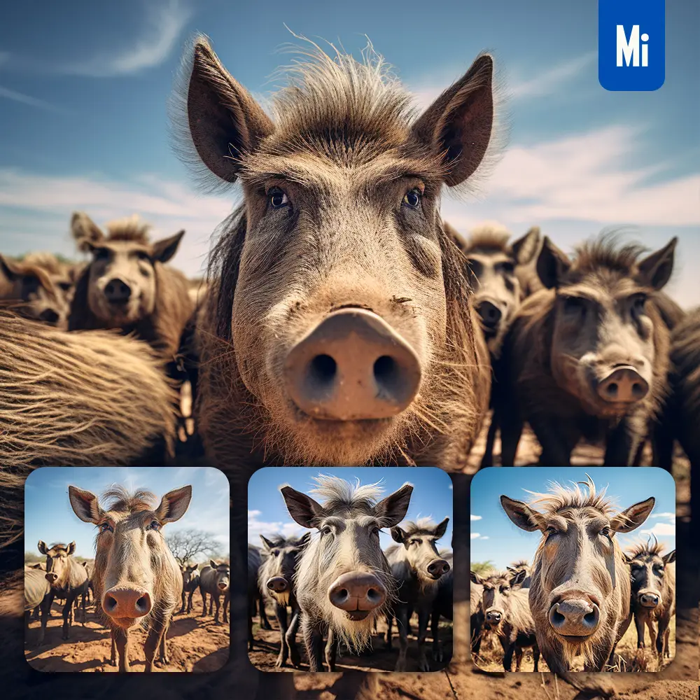 midjourney prompt warthog front herd head close up animal photography