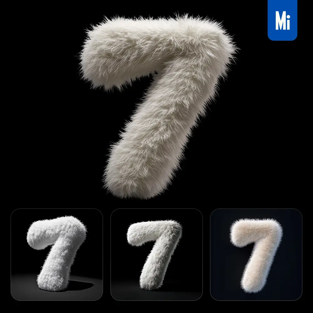 midjourney prompt white 7 number plush fluffy cute 3D toy