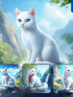 Midjourney Prompt White Cat Animation Cute Stone Wooded Mountain Sitting Rock Sky Painting