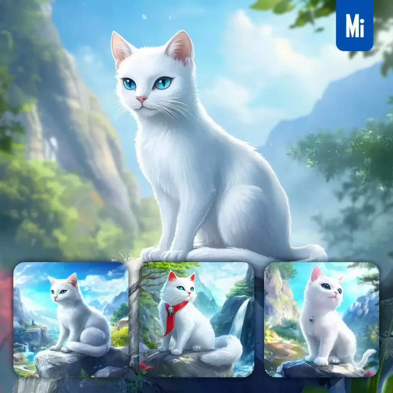 midjourney prompt white cat animation cute stone wooded mountain sitting rock sky painting