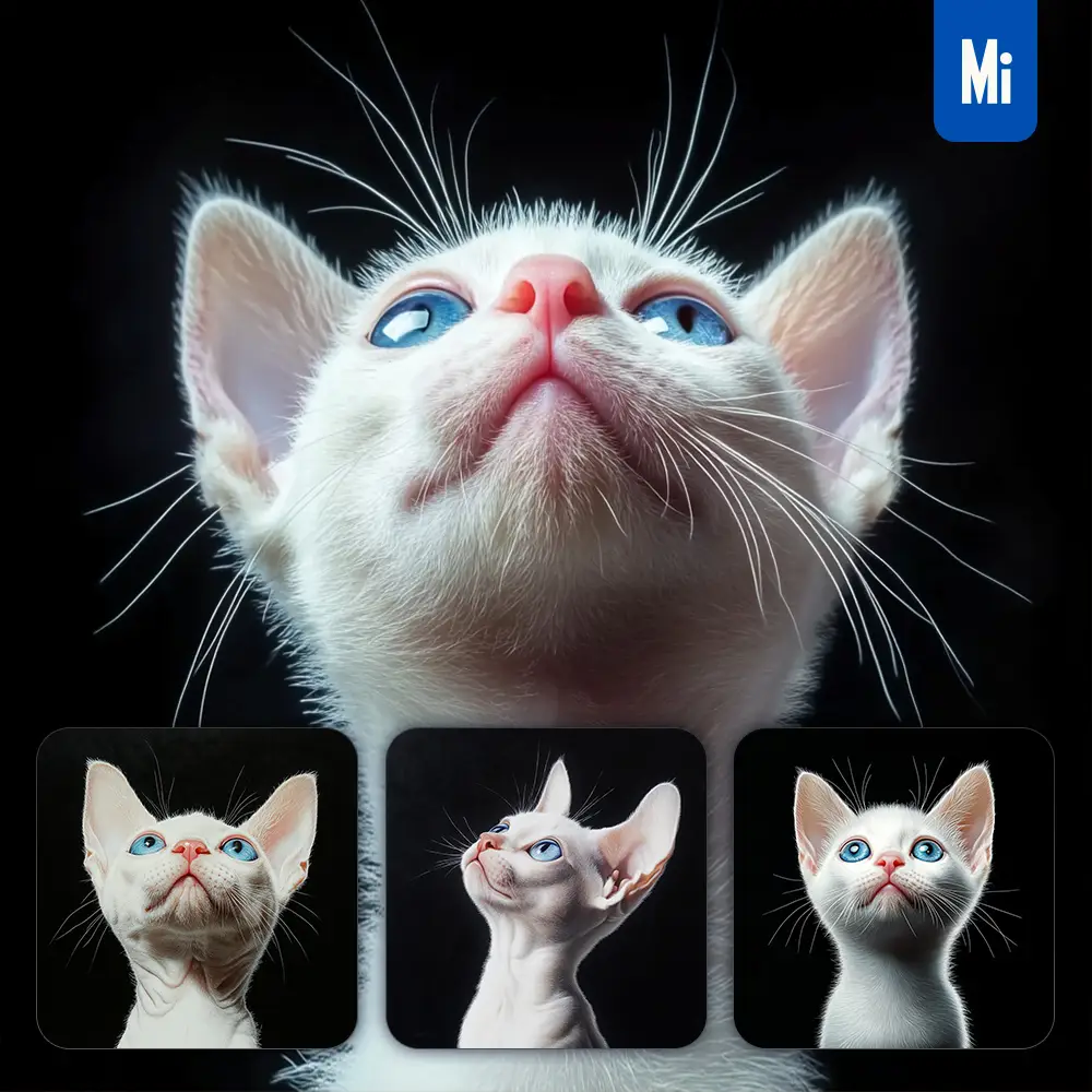 Midjourney Prompt White Cat Kitten Head Face Front Look Up Portrait Photography