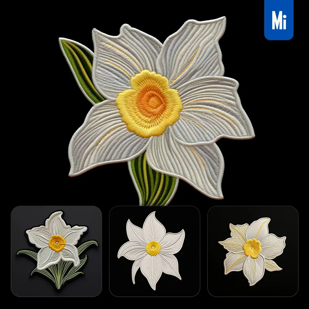 midjourney prompt white daffodil flower flat embroidery fabric gradient