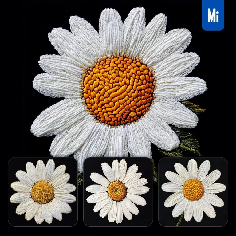 midjourney prompt white daisy flower petals Chinese silk artistry embroidery pattern