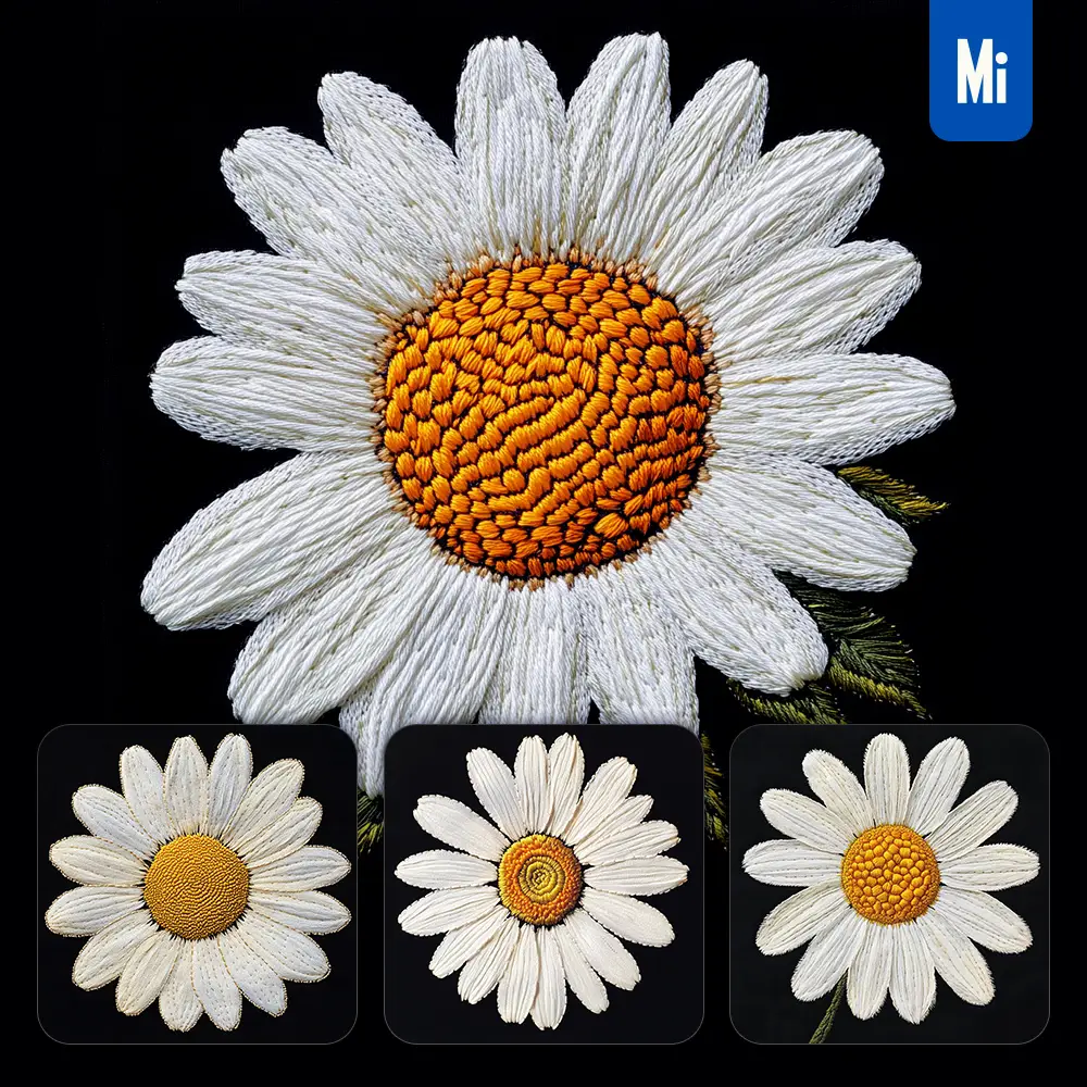 midjourney prompt white daisy flower petals Chinese silk artistry embroidery pattern
