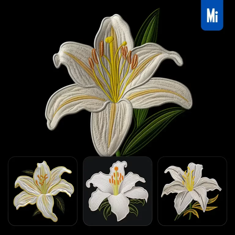 midjourney prompt white lily flower flat embroidery fabric gradient