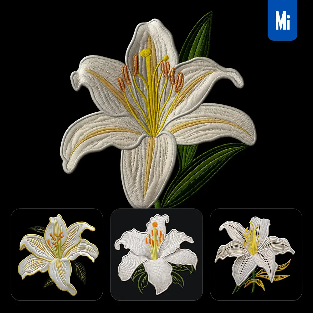 midjourney prompt white lily flower flat embroidery fabric gradient