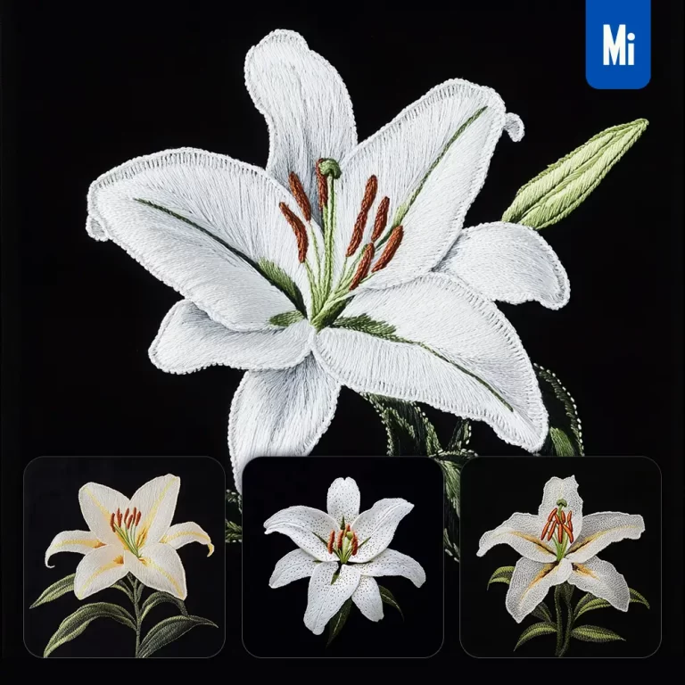 midjourney prompt white lily flower petals Chinese silk artistry embroidery pattern