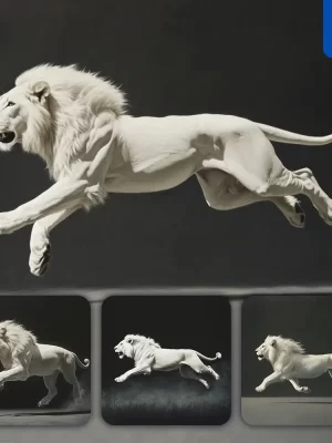 Midjourney Prompt White Lion Jump Running Sketch Detail Oil Painting Photography