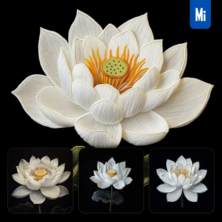 midjourney prompt white lotus flower petals Chinese silk artistry embroidery pattern