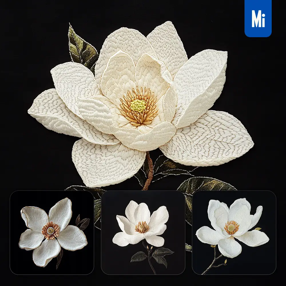 midjourney prompt white magnolia blossom flower petals Chinese silk artistry embroidery pattern