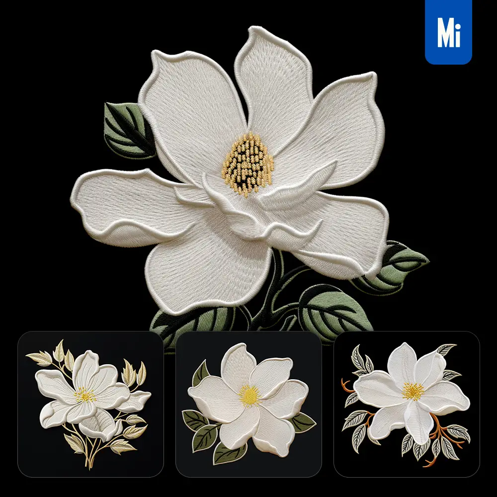 midjourney prompt white magnolia flower flat embroidery fabric gradient
