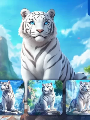 Midjourney Prompt White Tiger Animation Cute Stone Wooded Mountain Sitting Rock Sky Painting