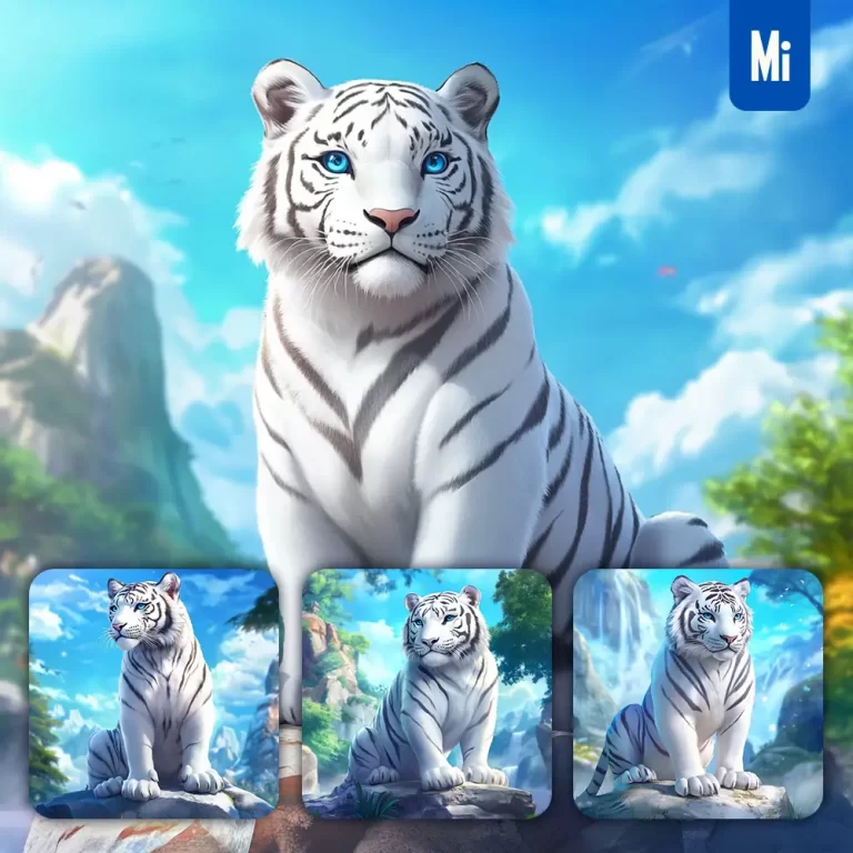 midjourney prompt white tiger animation cute stone wooded mountain sitting rock sky painting