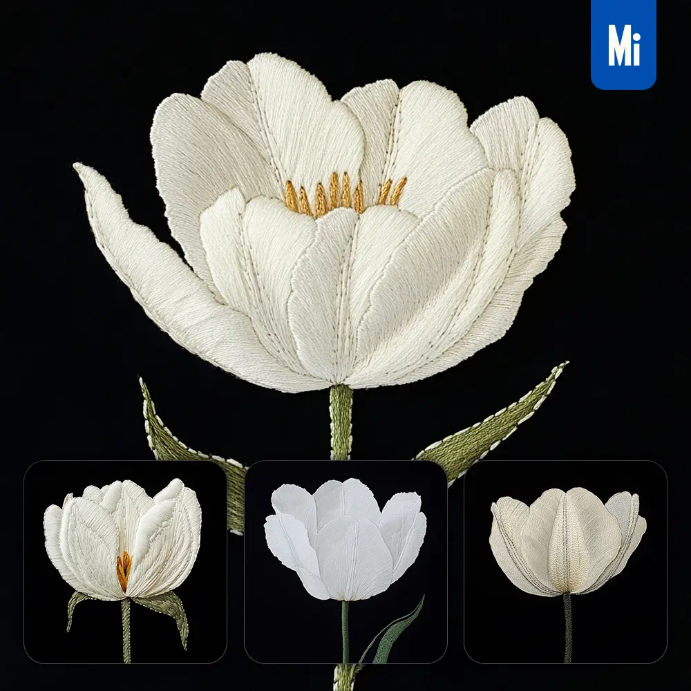 midjourney prompt white tulip flower petals Chinese silk artistry embroidery pattern