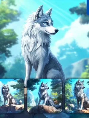 Midjourney Prompt Wolf Animation Cute Stone Wooded Mountain Sitting Rock Sky Painting