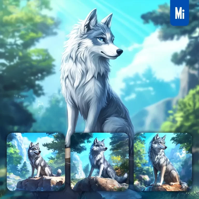 midjourney prompt wolf animation cute stone wooded mountain sitting rock sky painting