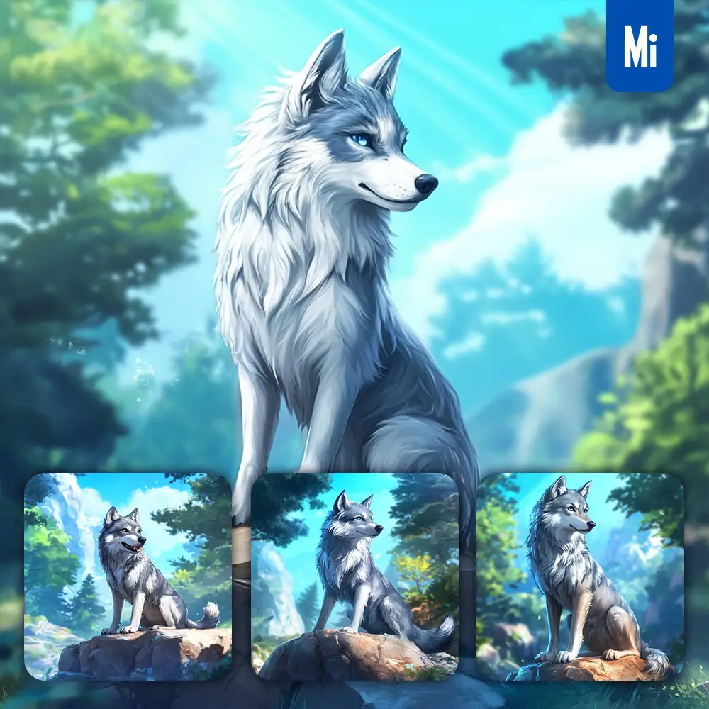 midjourney prompt wolf animation cute stone wooded mountain sitting rock sky painting