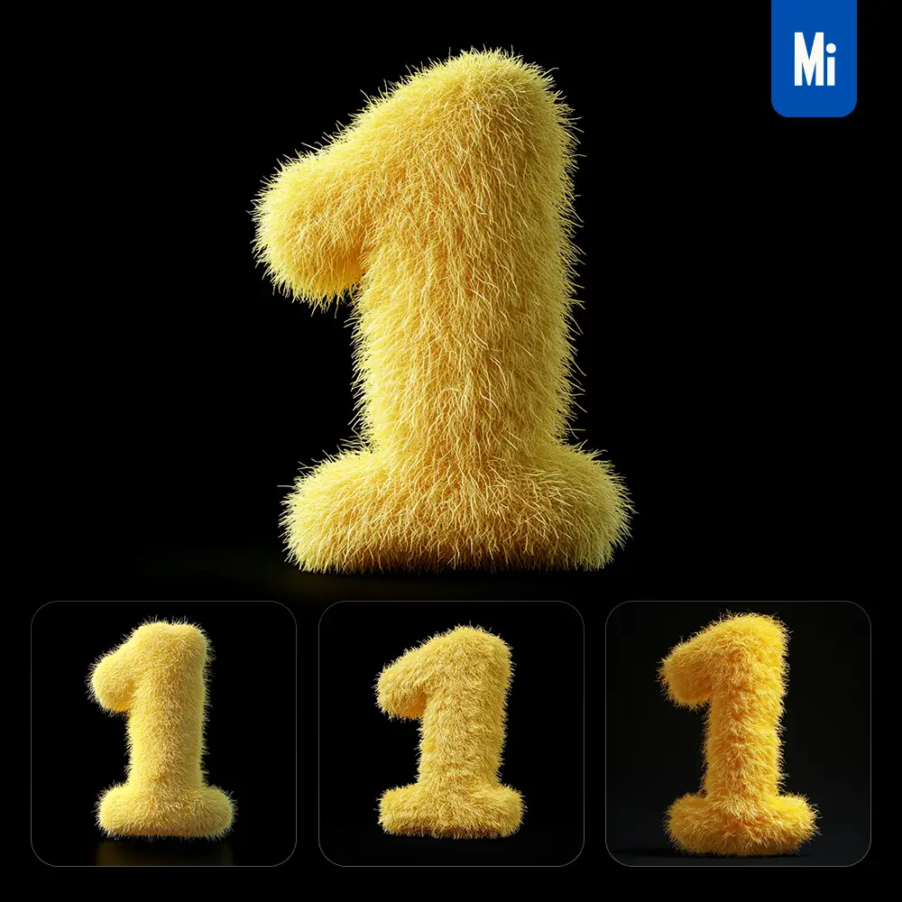 midjourney prompt yellow 1 number plush fluffy cute 3D toy