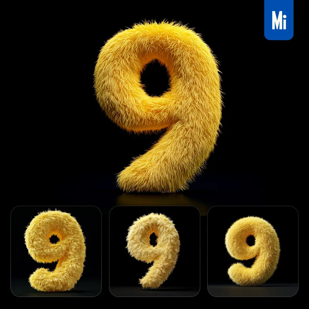 midjourney prompt yellow 9 number plush fluffy cute 3D toy