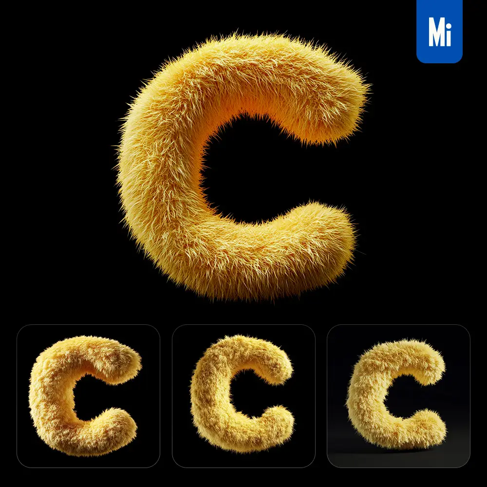 midjourney prompt yellow C letter plush fluffy cute 3D toy