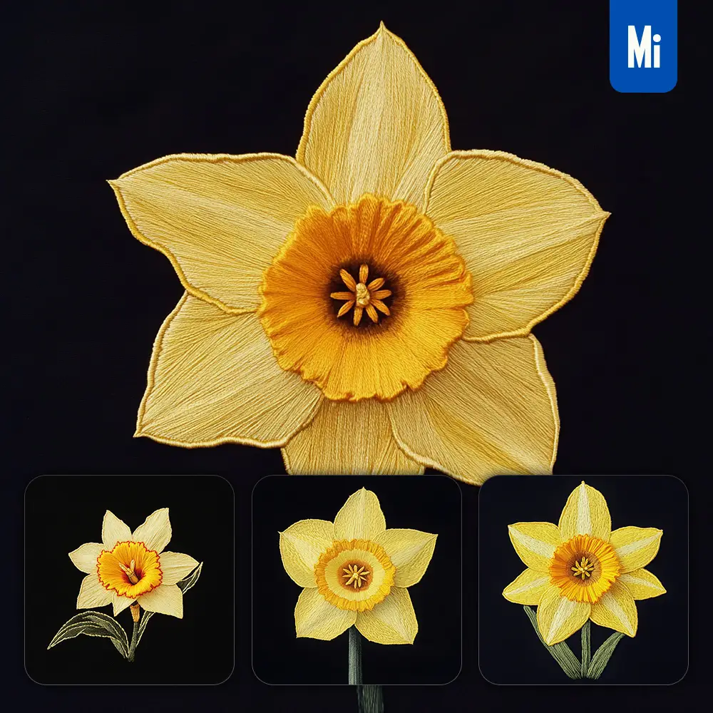 midjourney prompt yellow daffodil flower petals Chinese silk artistry embroidery pattern