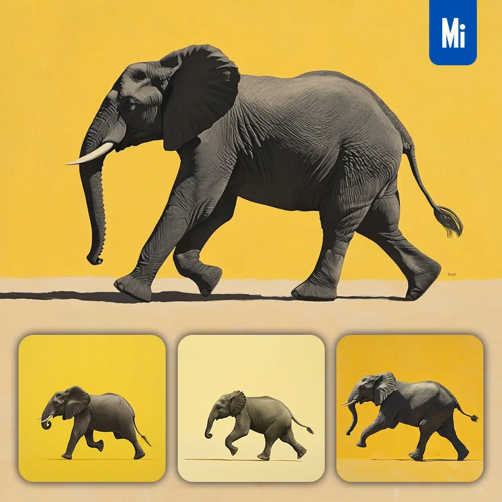 Midjourney Prompt Yellow Elephant Running Sketch Detail Oil Painting Photography