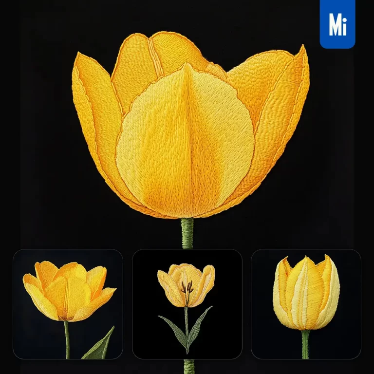 midjourney prompt yellow tulip flower petals Chinese silk artistry embroidery pattern