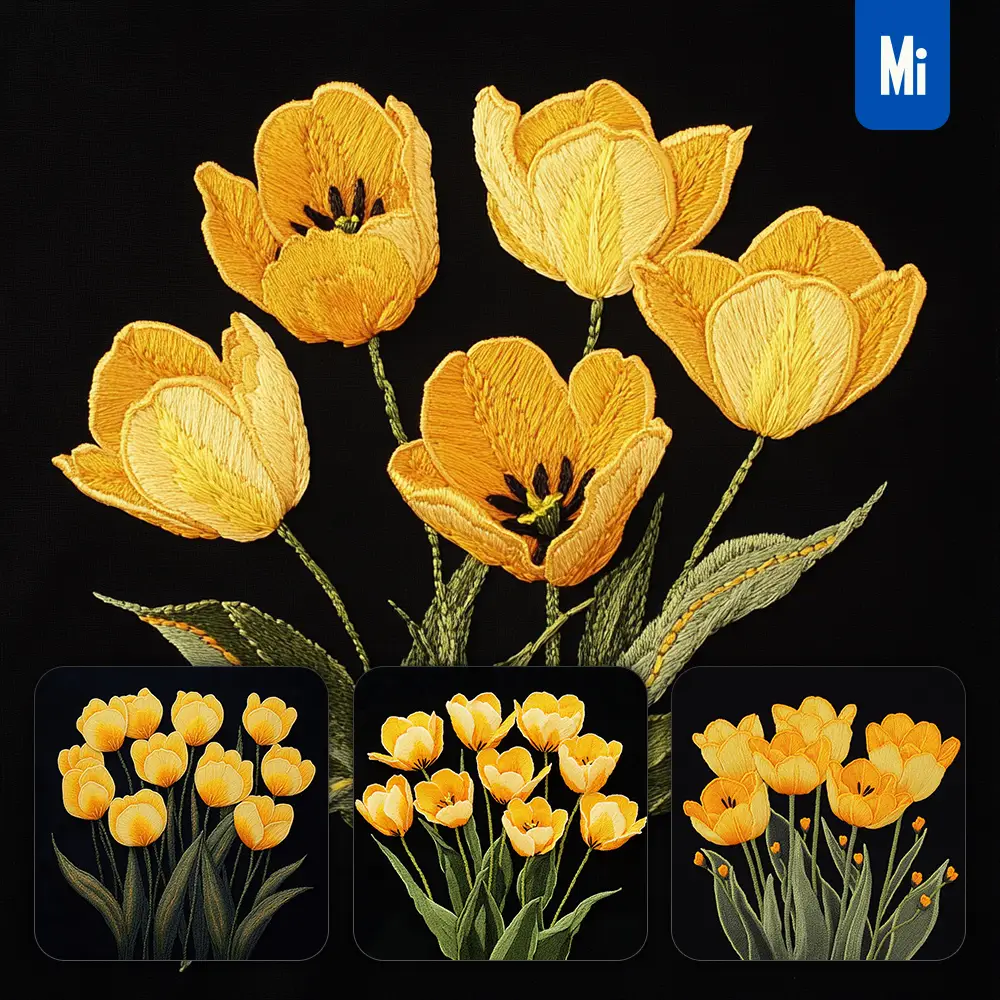 midjourney prompt yellow tulips group flower petals Chinese silk artistry embroidery pattern