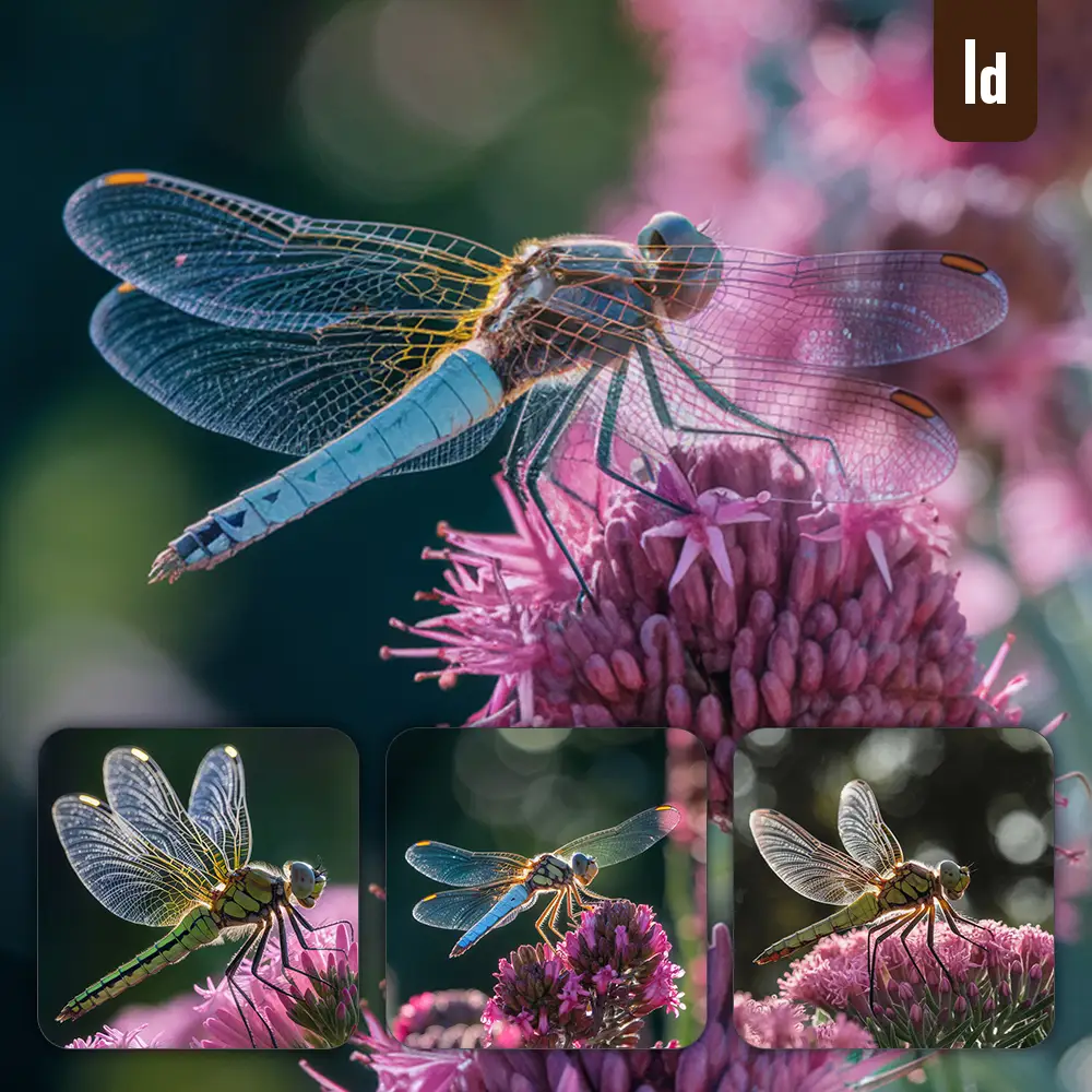 ideogram prompt dragonfly wings pink sedum flower macro close up photography