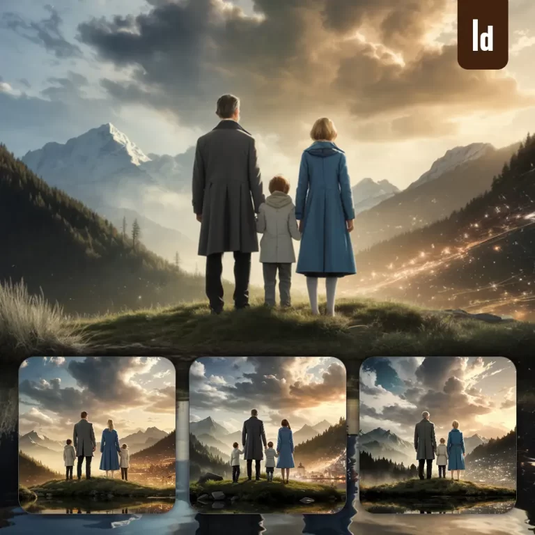 ideogram prompt family standing hilltop mountain sky back cloud