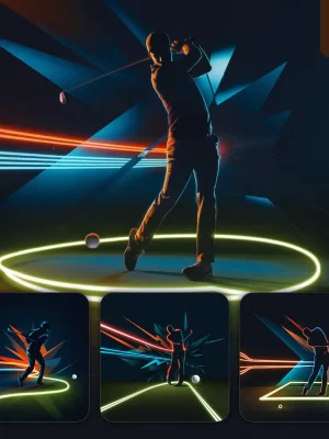 Ideogram Prompt Golfer Golf Hit Ball Neon Light Lines Silhouette Club Art Digital Illustration