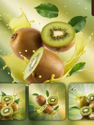 Ideogram Prompt Kiwi Fruit Splash Juice Fresh Leaves Advertising Photography